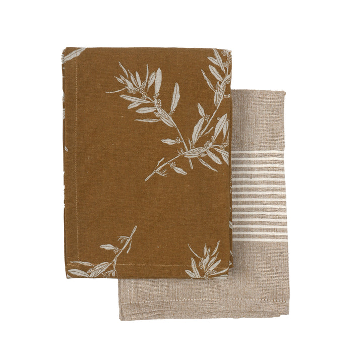 Elaia Tea Towel Set of Two, Olive Branch Pattern and Stripe in Mustard