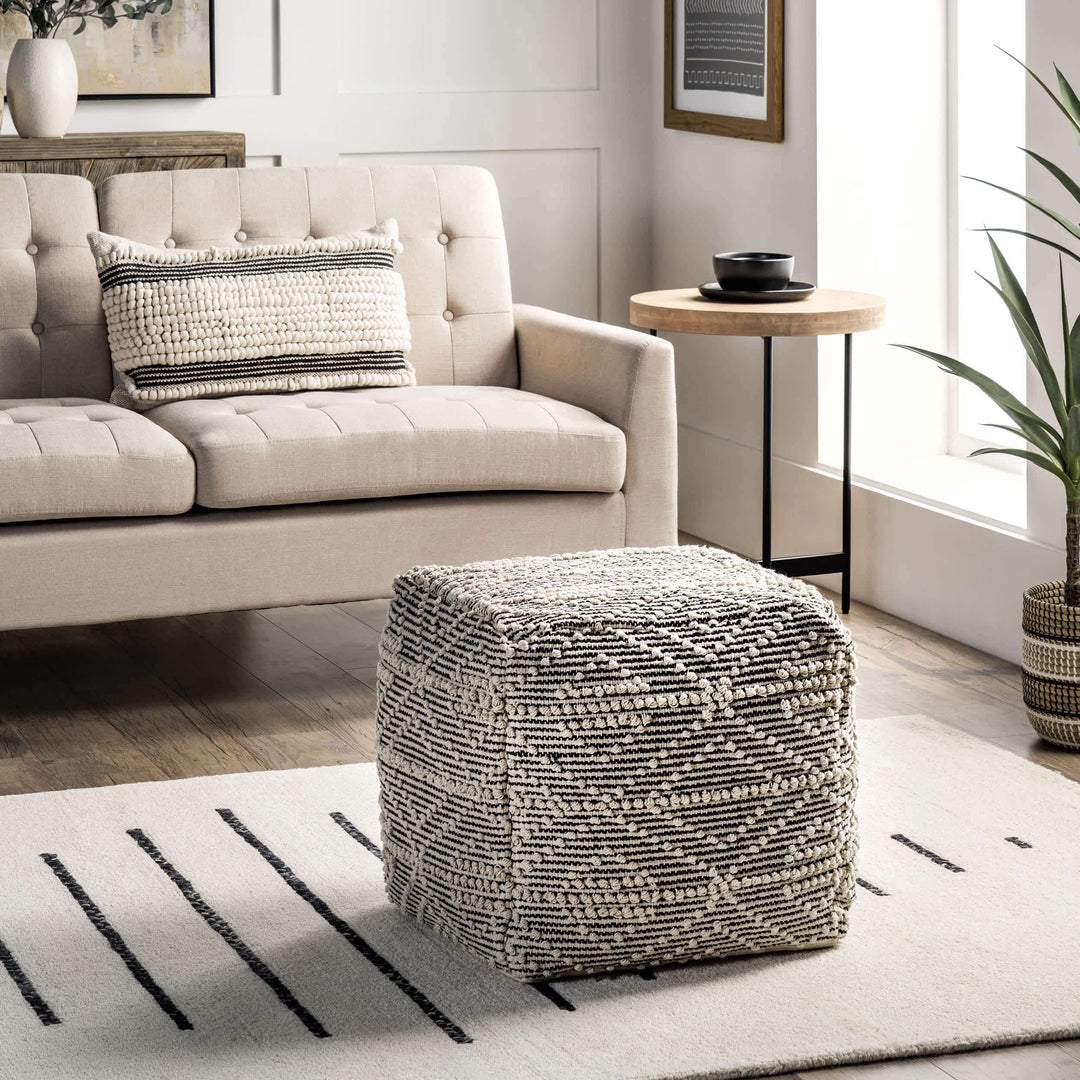 Genoa Cotton Textured Trellis Natural Cream and Black Ottoman Pouf