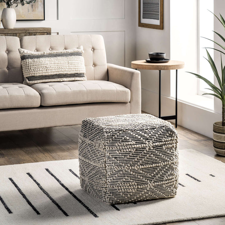 Genoa Cotton Textured Trellis Natural Cream and Black Ottoman Pouf
