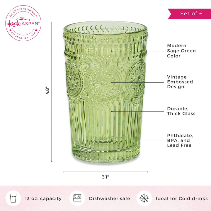 Jade Vintage Textured Sage Green Glassware 13oz (Set of 6)