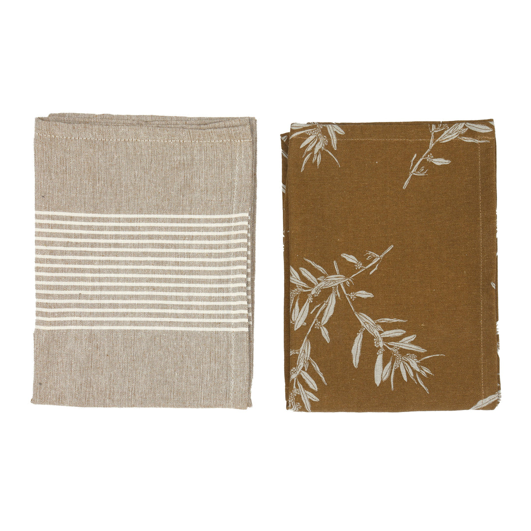 Elaia Tea Towel Set of Two, Olive Branch Pattern and Stripe in Mustard