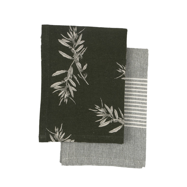 Elaia Tea Towel Set of Two, Olive Branch Pattern and Grey Stripe in Green