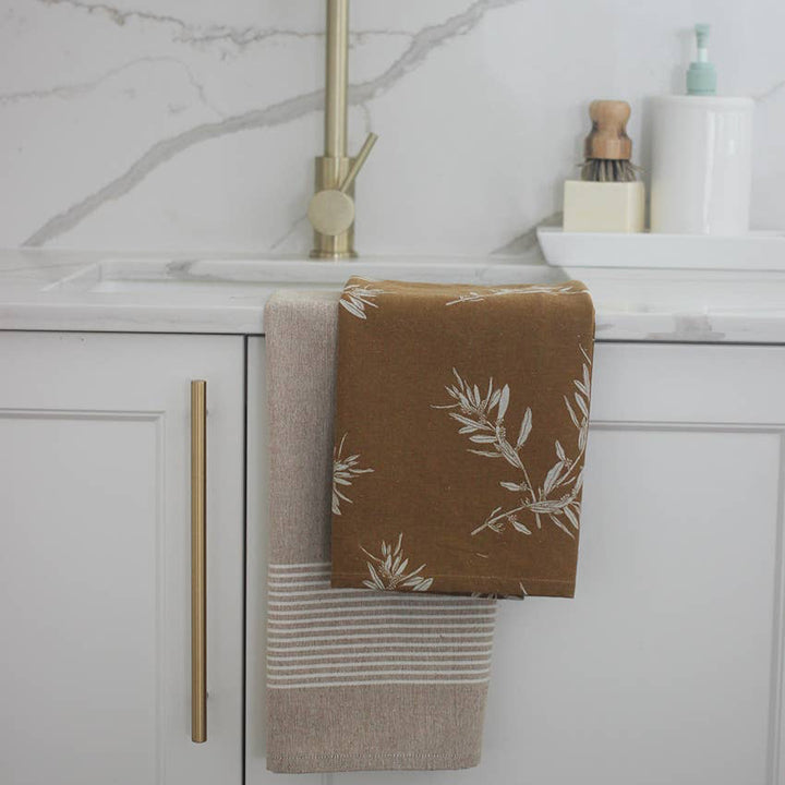 Elaia Tea Towel Set of Two, Olive Branch Pattern and Stripe in Mustard