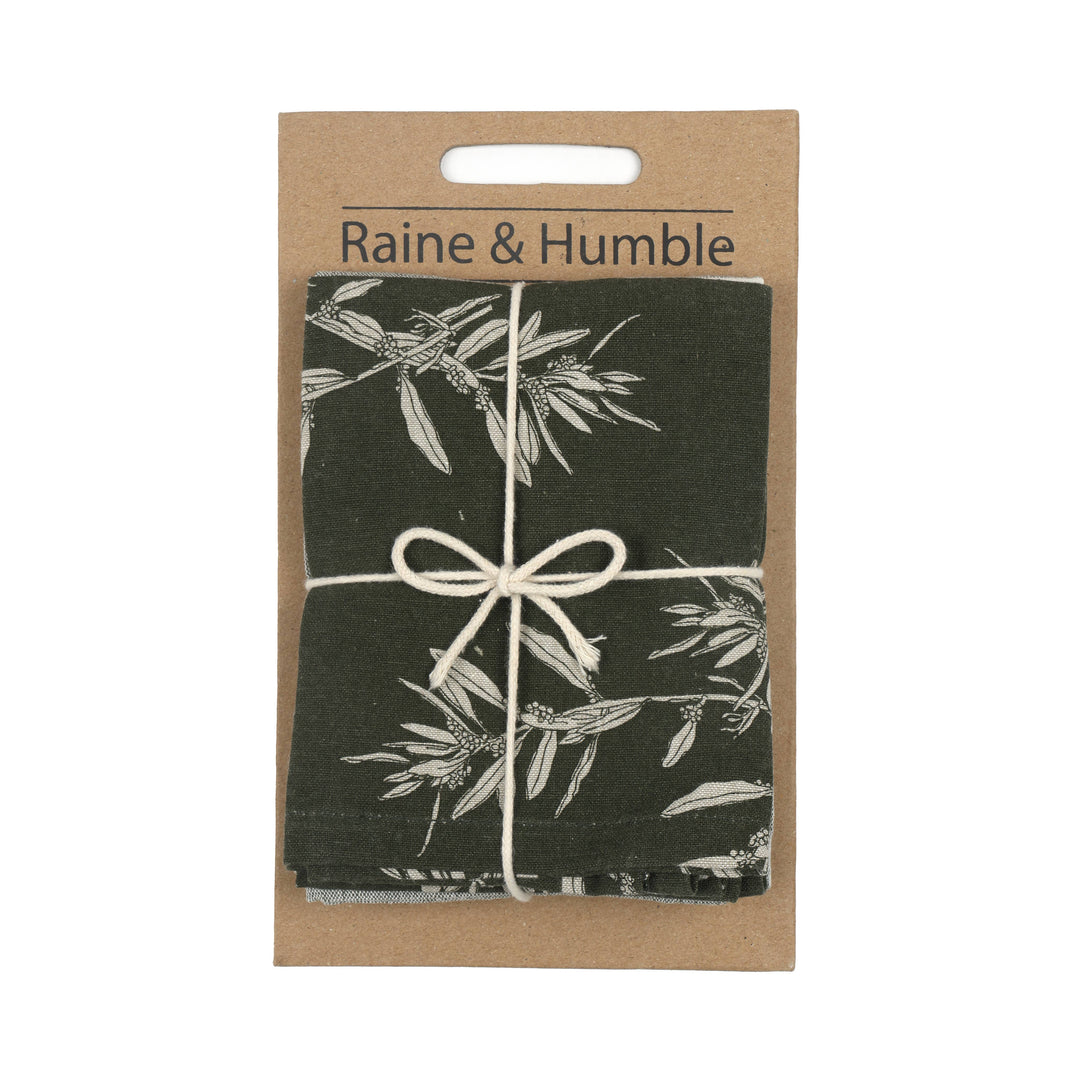 Elaia Tea Towel Set of Two, Olive Branch Pattern and Grey Stripe in Green