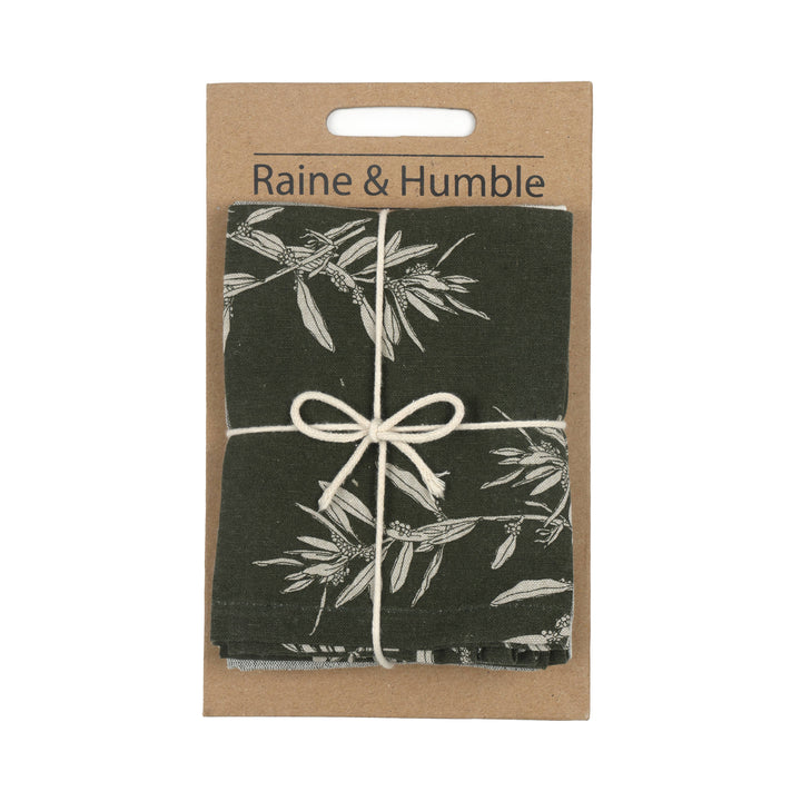 Elaia Tea Towel Set of Two, Olive Branch Pattern and Grey Stripe in Green
