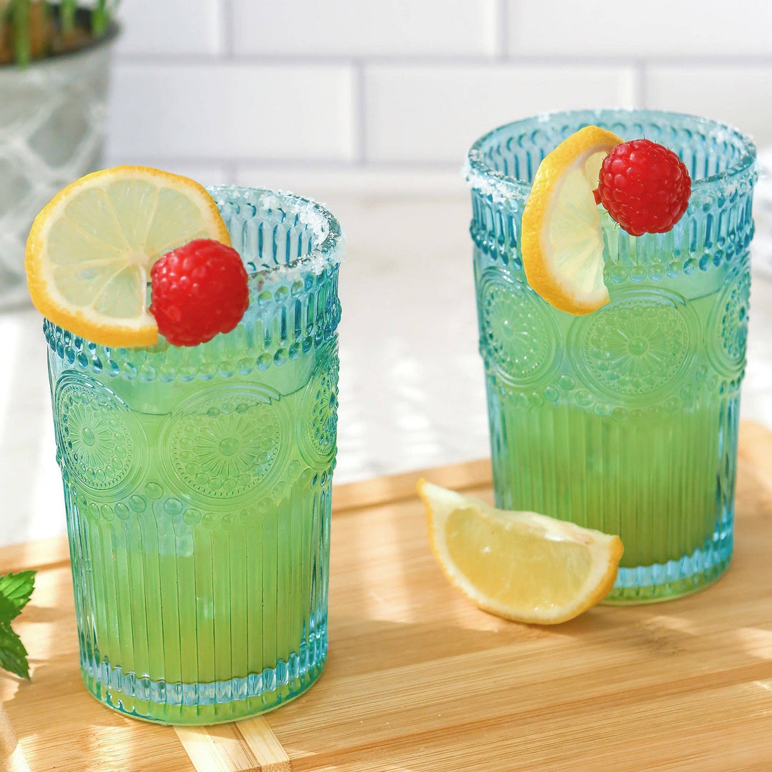 Talia Vintage Textured Aqua Blue Glassware 13oz. (Set of 6)