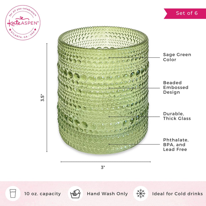 Jaseda Beaded Sage Green Drinking Glasses 10oz (Set of 6)