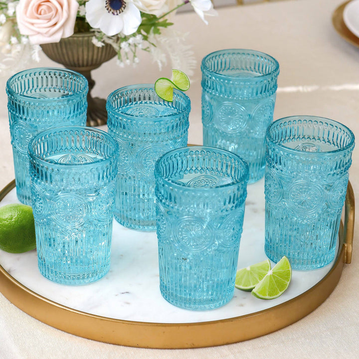 Talia Vintage Textured Aqua Blue Glassware 13oz. (Set of 6)