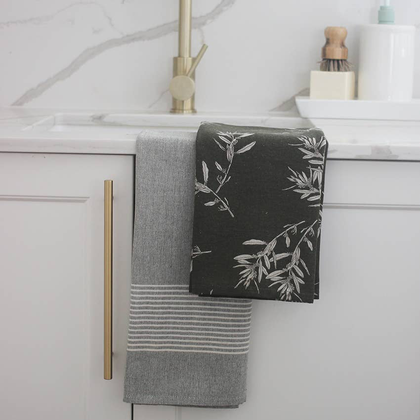 Elaia Tea Towel Set of Two, Olive Branch Pattern and Grey Stripe in Green