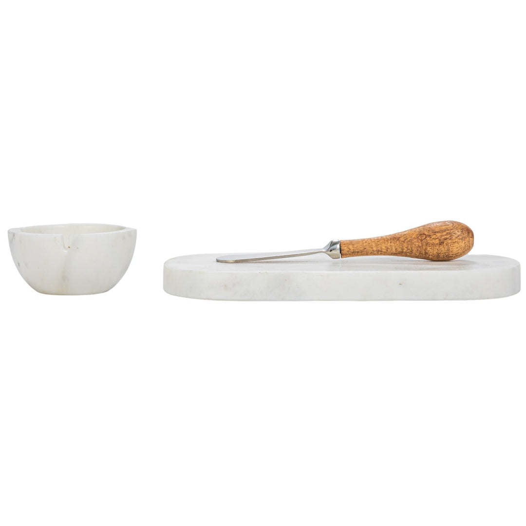 Adira Marble Cheese Serving Board with Marble Bowl & Canapé Knife Set