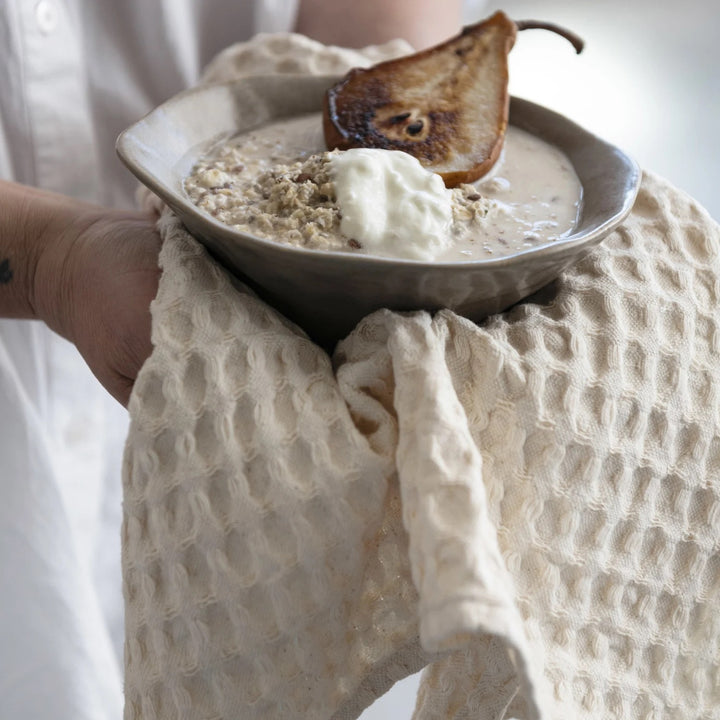 Tamara Stonewashed Cotton Waffle Weave Tea Towel, Cream