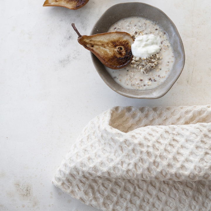 Tamara Stonewashed Cotton Waffle Weave Tea Towel, Cream