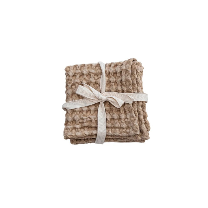 Tamara Stonewashed Cotton Waffle Weave Dish Cloths, Set of 3, Tan