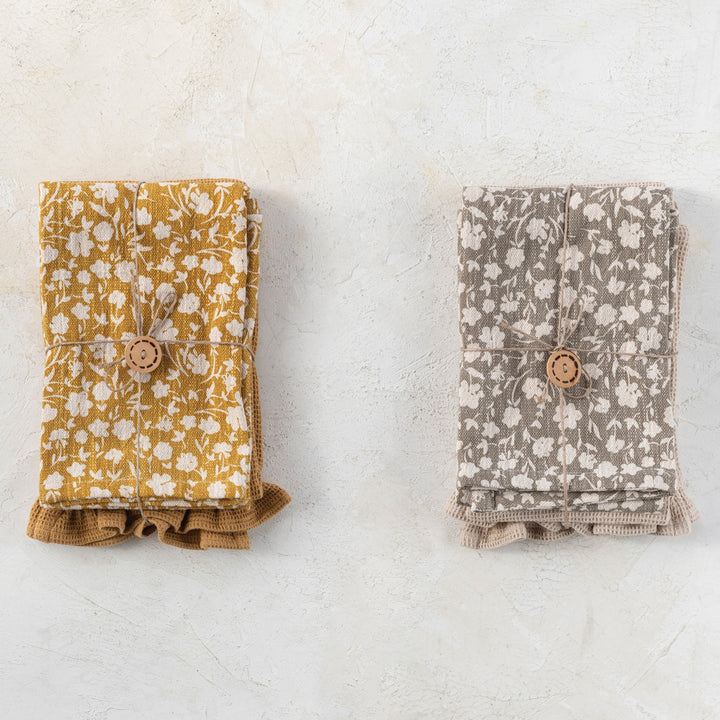 Evie Cotton Slub Printed & Cotton Waffle Towels, Set of 2, 2 Styles