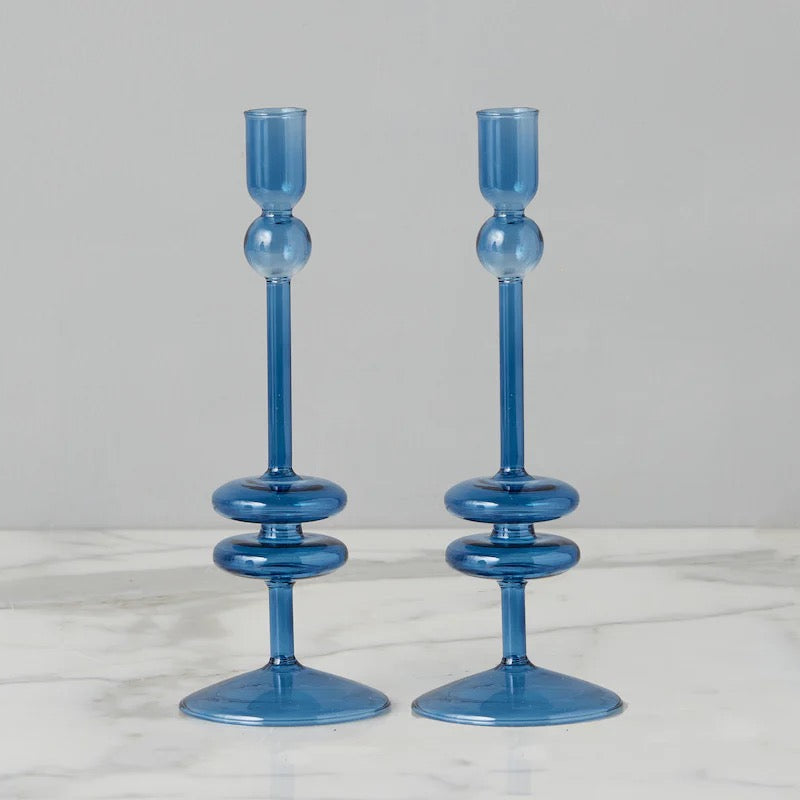 Sven Glass Candle Holders, Denim, Clear and Sapphire (Set of 2)