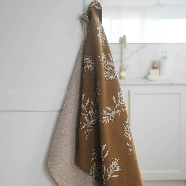 Elaia Tea Towel Set of Two, Olive Branch Pattern and Stripe in Mustard