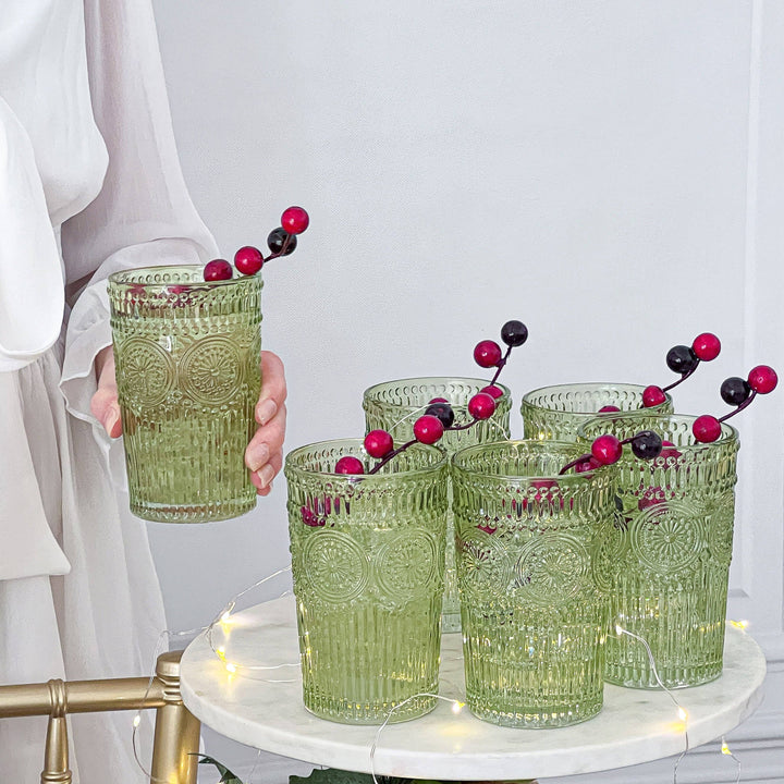 Jade Vintage Textured Sage Green Glassware 13oz (Set of 6)