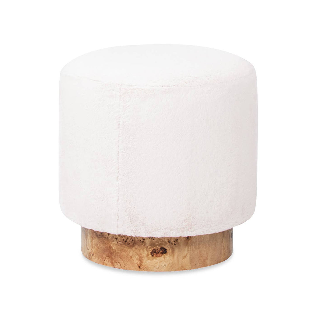 Otero Round Fur Upholstered & Burl Ottoman 16.5"