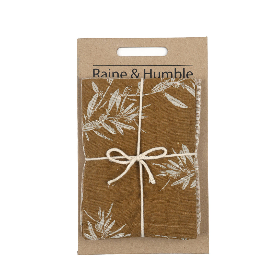 Elaia Tea Towel Set of Two, Olive Branch Pattern and Stripe in Mustard