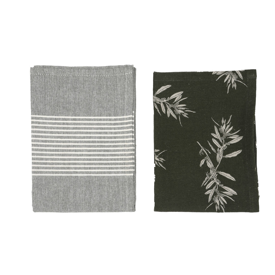 Elaia Tea Towel Set of Two, Olive Branch Pattern and Grey Stripe in Green