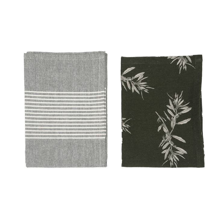 Elaia Tea Towel Set of Two, Olive Branch Pattern and Grey Stripe in Green