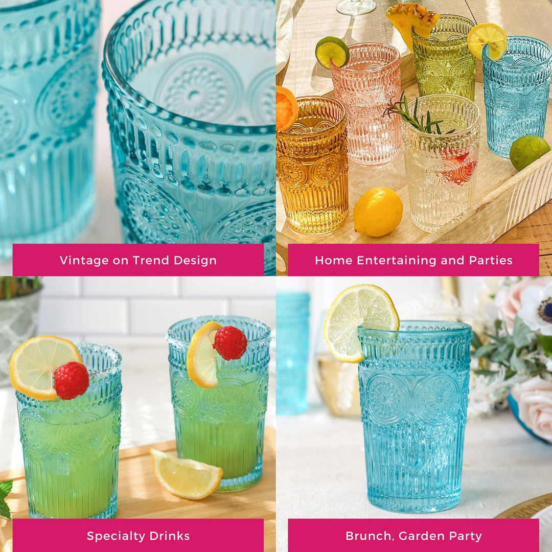 Talia Vintage Textured Aqua Blue Glassware 13oz. (Set of 6)