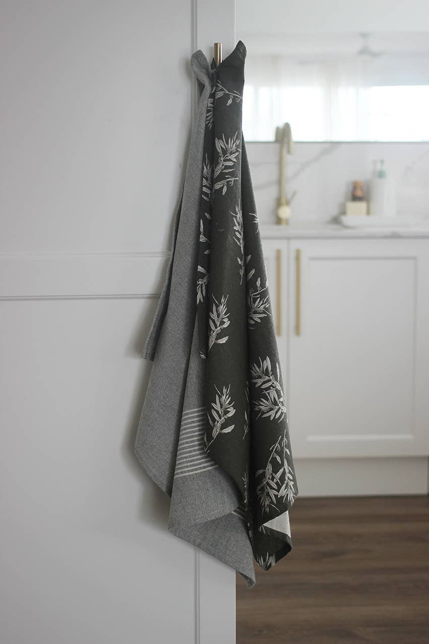 Elaia Tea Towel Set of Two, Olive Branch Pattern and Grey Stripe in Green